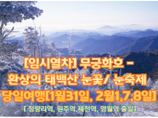 [임시열차-특별열차-무궁화호] 환상의 태백산 눈꽃/ 눈축제 여행(당일) 1월31일/2월7일 (청량리역,원주역,제천역,영월역)